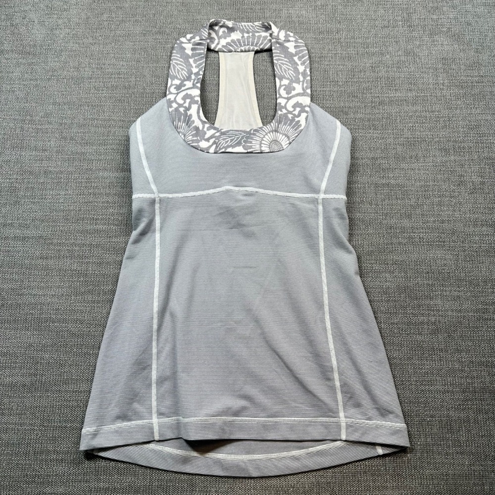 Lululemon Tank Top Womens 4 Grey White Striped Floral Racerback Yoga Bra